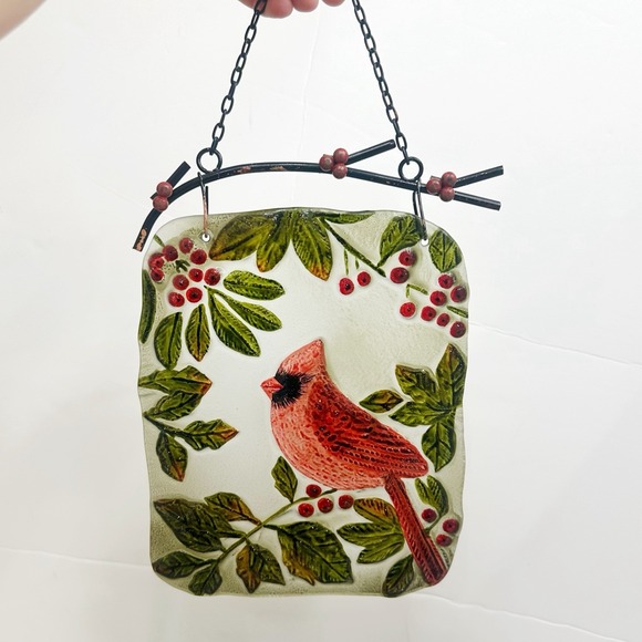 Unmarked Other - Red Cardinal Artisan Suncatcher Metal Decor Hanger 9" X 7" Holly Branch Glass